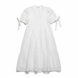 English Factory White Gingham Checkered Tiered Midi Dress Puff Sleeve Medium EUC